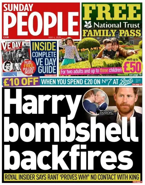 The headline in the Sunday People reads: Harry bombshell backfire