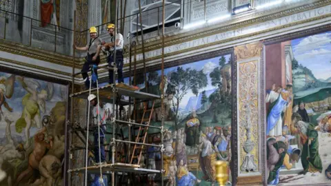 Reuters Image shows workers setting up scaffolding as they prepare for the chimney installation at the Sistine Chapel, ahead of the conclave