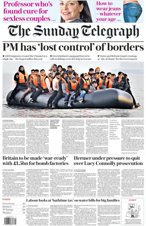 The Sunday Telegraph shows a dinghy with a number of asylum seekers atop wearing inflatable vests. The headline reads: PM has 'lost control' of borders. Below, a headline reads: Britain to be made 'war ready' with £1.5bn for bomb factories.