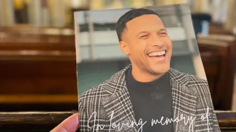 BBC An order of service for the funeral featuring a smiling Joe Thompson.