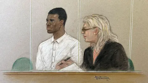 Julia Quenzler A court drawing of Yostin Mosquera and an interpreter at the Old Bailey