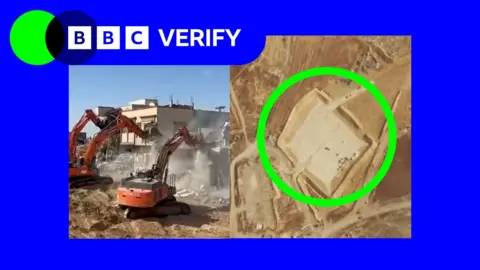 BBC An image showing diggers working in Gaza and a map highlighting potential new aid centres. The BBC Verify colours surround the image and the BBC Verify lozenge is in the top corner. 