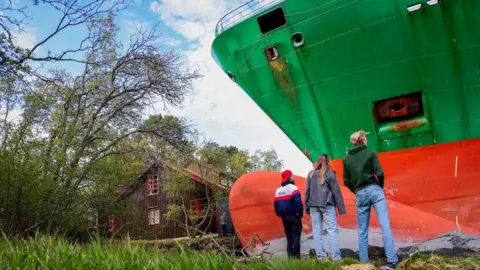 EPA Three people, wearing jeans and casual jackets, stand and stare up at a huge green container ship which has run aground on land. A house looks small and is next to the ship.