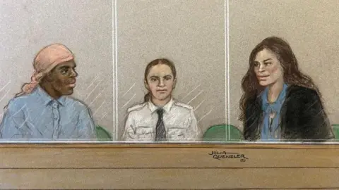 Julia Quenzler A court sketch showing Mark Gordon and Constance Marten, with a security guard between them