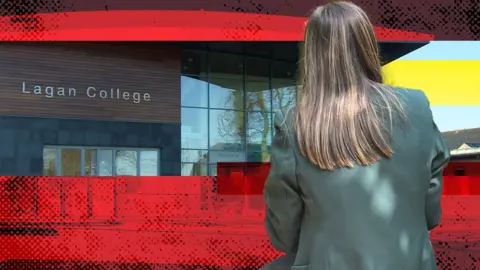 BBC A girl with long brown hair and a green blazer sits with her back to the camera. To her left is the main building of Lagan College. The school's name is emblazoned in large metal letters on the front of the building.