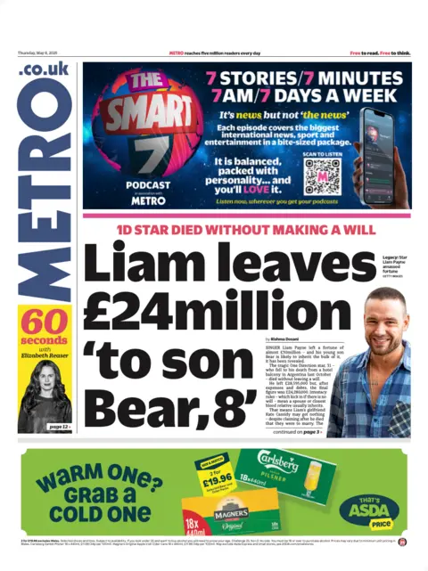 The Metro newspaper front page leads with a story about One Direction singer Liam Payne. Its headline reads "Liam leaves £24million 'to son Bear, 8'"