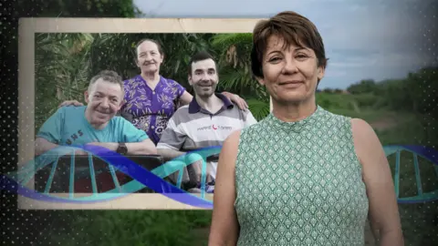 Mariana Castiñeiras/Caroline Souza Silvana Santos is shown in a green patterned dress in this designed image, with three patients with Spoan disease shown in a bordered image in the background.