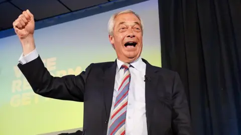 Getty Images Nigel Farage celebrating on stage while addressing Reform UK supporters