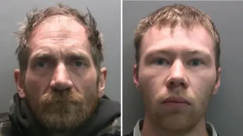Northumbria Police Two mugshots showing Daniel Graham (on the left) and Adam Carruthers, the two men convicted of chopping down the Sycamore Gap tree. Graham has scruffy, thinning and receding fair hair and a thick ginger beard. Carruthers has a light, thinner beard and short ginger hair.