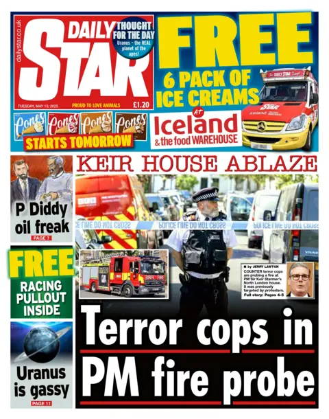The headline of the Daily Star reads: "Terror cops in PM fire probe." The image shows a police officer behind police tape.