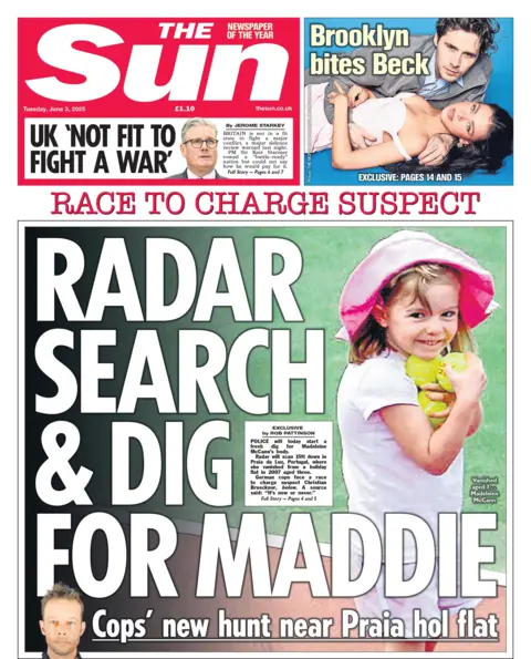 The headline on the front page of The Sun reads "radar search & dig for Maddie".