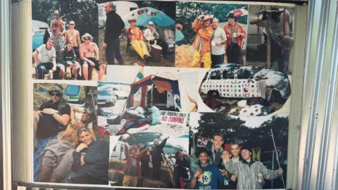 Old photographs of Joe Strummer and his friends at Glastonbury Festival, which have been made into a poster near Strummerville stage. 