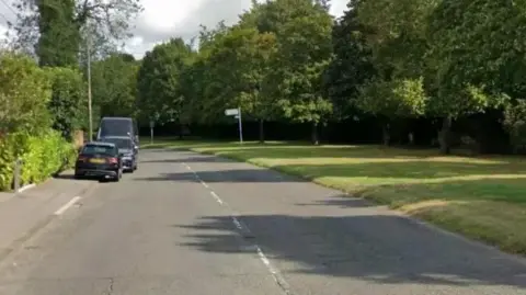 Google A quiet road, bordered by hedges on one side and a grassy bank and trees on the other. Three vehicles are parked on the kerb.