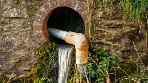 Getty Images Water coming out of a pipe in the wall and flowing into a stream.
