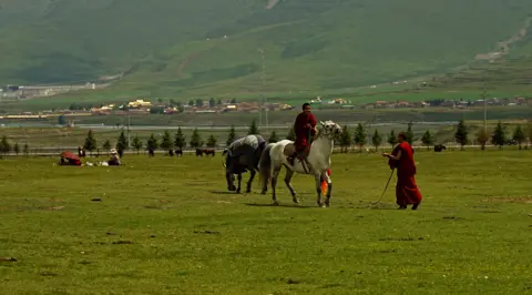 Xiqing Wang/ BBC Young Tibetan monks - one on horseback, one on the ground - on the grasslands, herding cattle
