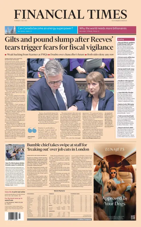 "Gilts and pound slump after Reeves' tears trigger fears for fiscal vigilance". reads the headline on the front page of the Financial Times.