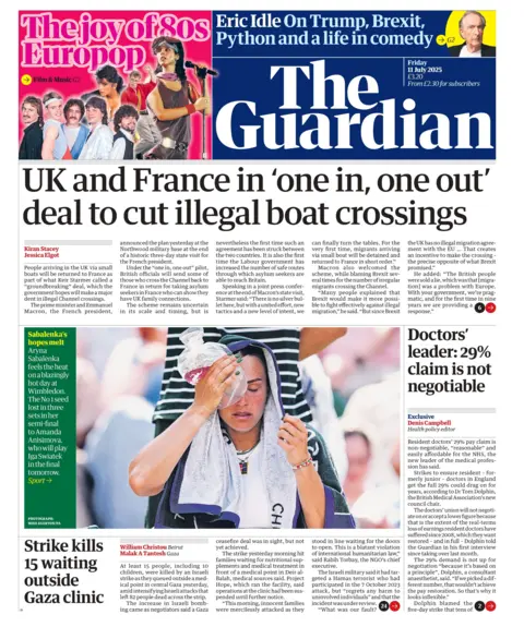 The Guardian headline reads: "UK and France in 'one in, one out' deal to cut illegal boat crossings"