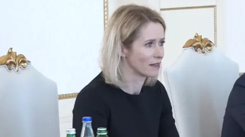 EEAS/European Union A woman with blonde hair and a black top sits on a white chair with a gold-leaf decoration