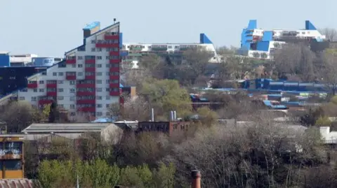 NCJ Media General view of the Byker Wall in Newcastle. Trees sit in the foreground, with buildings and a large block of flats in the background.