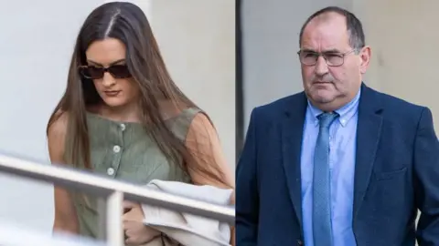 BBC On the left a woman with long dark, hair, wearing sunglasses and a green top. On the right is a man with short glasses, wearing a blue suit and blue shirt and tie