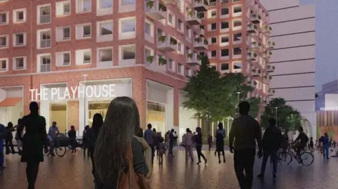 Hammerson A computer generated image of a development. People walk on a square outside a high-rise building with multiple windows. The Playhouse is written on the lower floor frontage. It is dusk and the building is brightly lit.