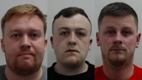 Police Scotland Left to right: Mugshot of Ryan McGovern, who has reddish hair and beard, looking right at the camera. Mugshot of John Murray, who has dark hair, looking right at the camera. Mugshot of Dale Bauld, who has light hair and beard, looking right at the camera.