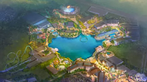 Universal Destinations& Experences/Comcast A map of the universal site shows a big lake and lots of rides surrounding it.
