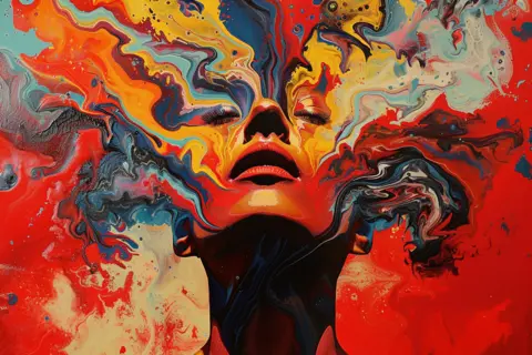 Sarah Ezekiel An abstract painting of a woman from the neck-up, lifting her chin towards the skin and closing her eyes. Red is the dominant colour and a marbling effect spreads across the top of the painting and disotorts the woman's face.