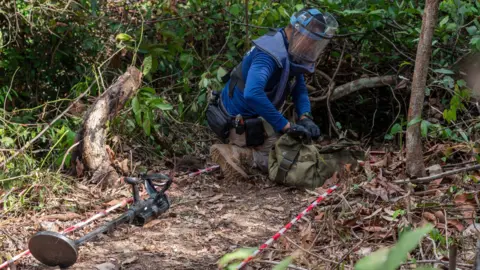 BBC/ Jonathan Head A Thai soldier wearing blue protective gear and a blue helmet demonstrates how they detect and handle mines - but it's not a real one on site. One of the Thai soldiers was injured by a PMN-2 less than 100 meters from there on 9 August.