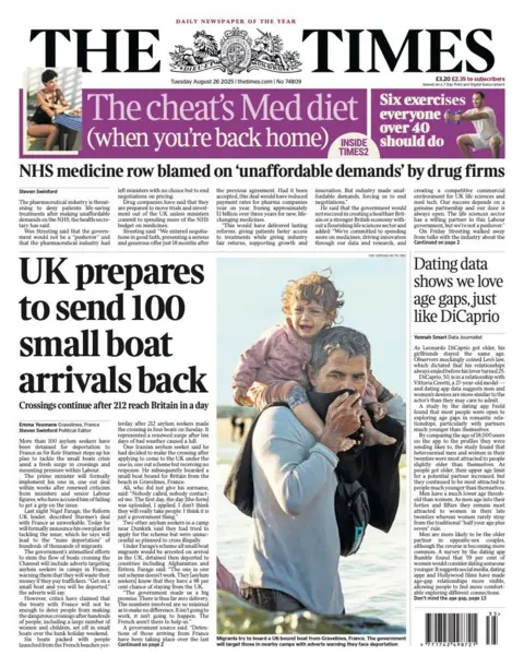 The headline on the front page of the Times reads: "UK prepares to send 100 small boat arrivals back".