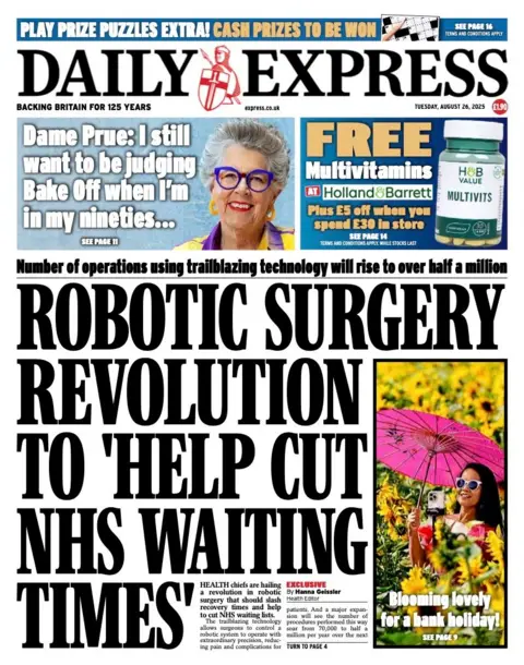 The headline on the front page of the Daily Express reads: "Robotic surgery revolution to 'help cut NHS waiting times'".