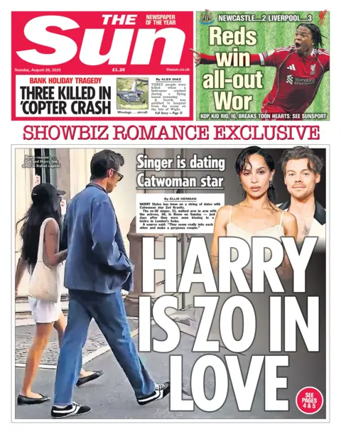 The headline on the front page of the Sun reads: "Harry is Zo in love".