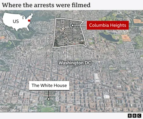 A map of Washington DC with the White House and the street in Columbia Heights, about two miles to the north, labelled to show where the arrests were filmed.
