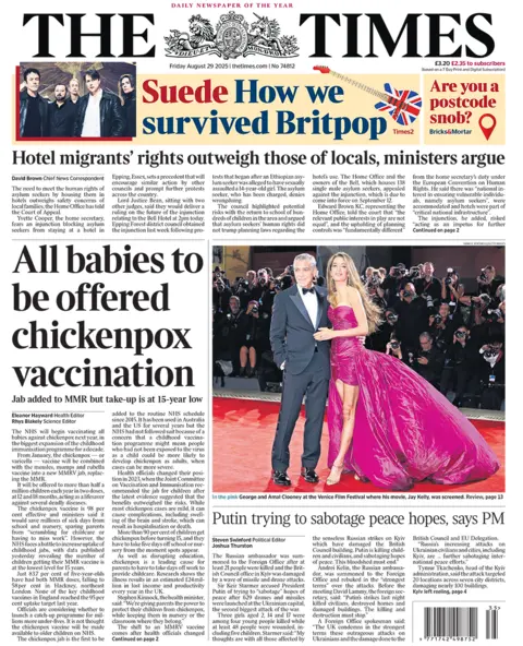 Times front page with the headline "all babies to be offered chickenpox vaccine"