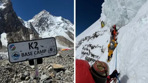 Kirsty Mack A composite image of K2, a snowy mountain, pictured from the ground, and of climbers, wearing brightly coloured snow suits, making their way along a narrow path on a steep, snowy slope.
