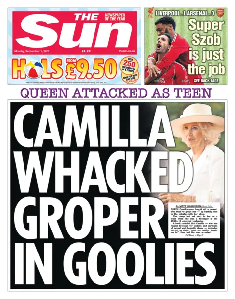 The headline on the front page of the Sun reads: "Camilla whacked groper in goolies".