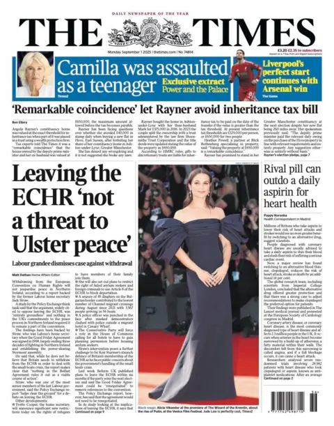 The headline on the front page of the Times reads: "Leaving ECHR 'not a threat to Ulster peace".