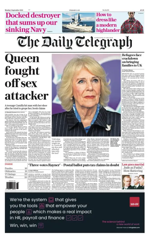 The headline on the front page of the Daily Telegraph reads: "Queen fought off sex attacker".