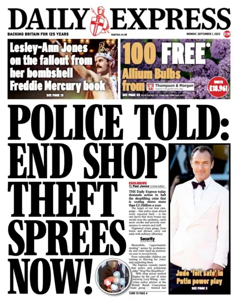 The headline on the front page of the Daily Express reads: "Police told: end shop theft sprees now!"
