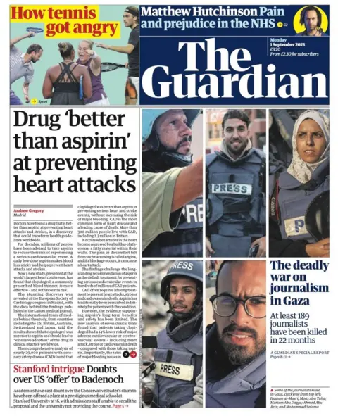 The headline on the front page of the Guardian reads: "Drug 'better than aspirin' at preventing heart attacks".