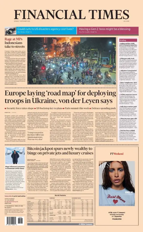The headline on the front page of the Financial Times reads: "Europe laying 'road map' for deploying troops in Ukraine, von der Leyen says".