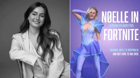 AUB/Holly New The first picture has Holly sat on a chair, her arm resting on the back, wearing a white suit. In the second is the digital avatar of NØELLE in a blue dress - imagine Tron meets A Midsummer's Night Dream.