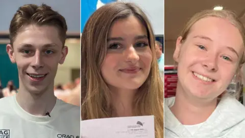 BBC A composite image of a young man and two young women smiling at the camera: Harry, Meghan and Olivia, from left to right. Harry has short blonde hair and wears a white t-shirt. Meghan has long blonde hair and is holding her results on a sheet of paper. Olivia is wearing a grey hoodie and has her blonde hair tied back.