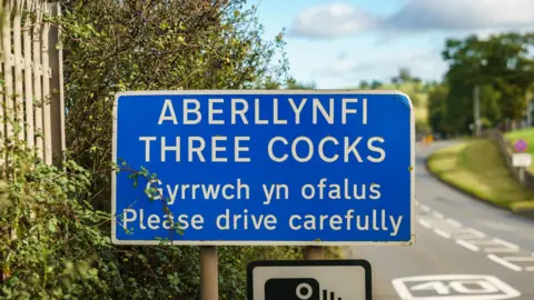 Getty Images A road sign as you enter Three Cocks village warning people to drive carefully in English and Welsh.
