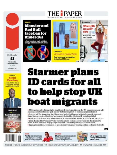 The headline on the front page of the i Paper reads: "Starmer plans ID cards for all to help stop UK boat migrants".