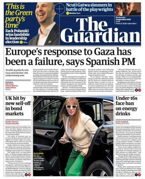 The headline on the front page of the Guardian reads: "Europe's response to Gaza has been a failure, says Spanish PM".