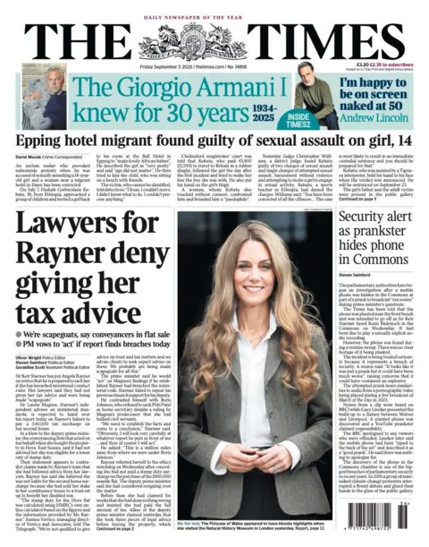 The headline on the front page of the Times reads: "Lawyers for Rayner deny giving her tax advice". 