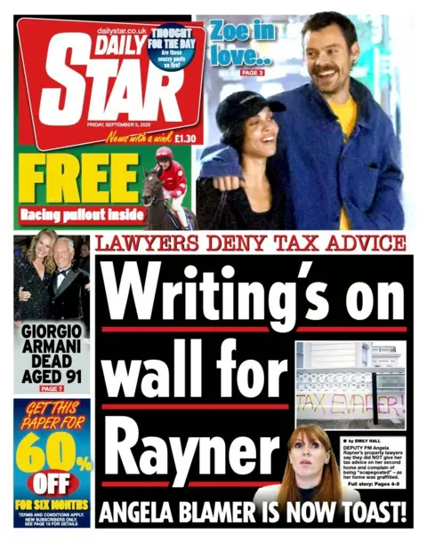 The headline on the front page of the Daily Star reads: "Writing's on wall for Rayner".