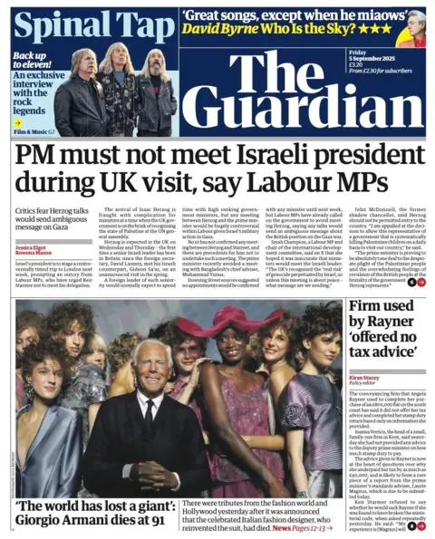 The headline on the front page of the Guardian reads: "PM must not meet Israeli president during UK visit, say Labour MPs". 