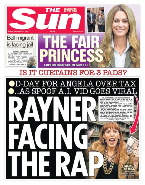 The headline on the front page of the Sun reads: "Rayner facing the rap".